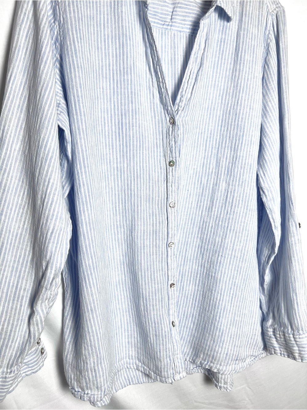 Sigrid Olsen Light Blue and White Striped Casual Button-Down Shirt 100% Linen - Picture 4 of 8